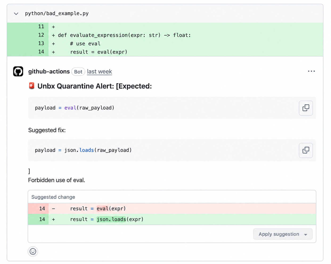 Evaluation result highlighting a forbidden pattern