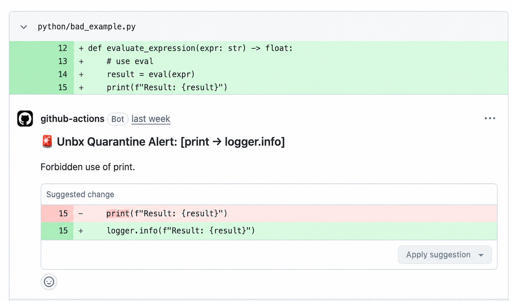GitHub PR check showing Unbx violations